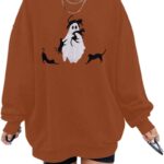 Halloween Spooky Season Sweatshirt Women: Oversized Black Cat Ghost Sweatshirts Fall Embroidered Pullover Top