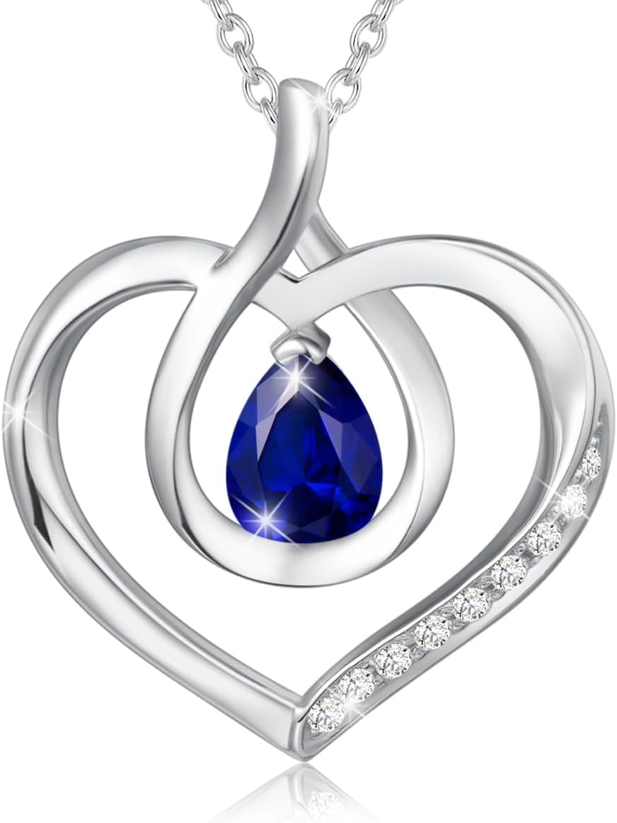 AGVANA Heart Birthstone Necklace for Women Sterling Silver Genuine or Created Gemstone Forever Love Pendant Necklace Fine Jewelry Anniversary Birthday Gifts for Women Mom Wife