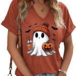 Women Fall Halloween Doodles V Neck Shirt Funny Family Party Celebration Short Sleeve Tee Pumpkin Graphic Thanksgiving Tops…