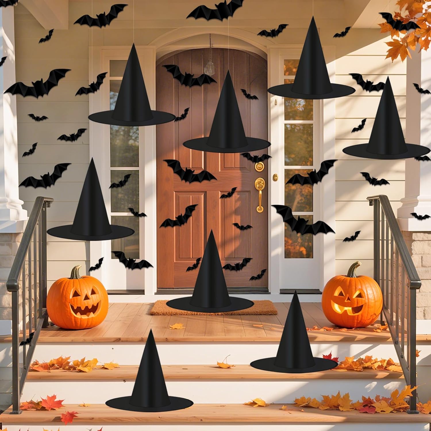 Halloween Decorations Black Witch Hats, 8 Pack Hanging Witches Hats & 32Pcs 3D Bats Halloween Decorations Outdoor Indoor