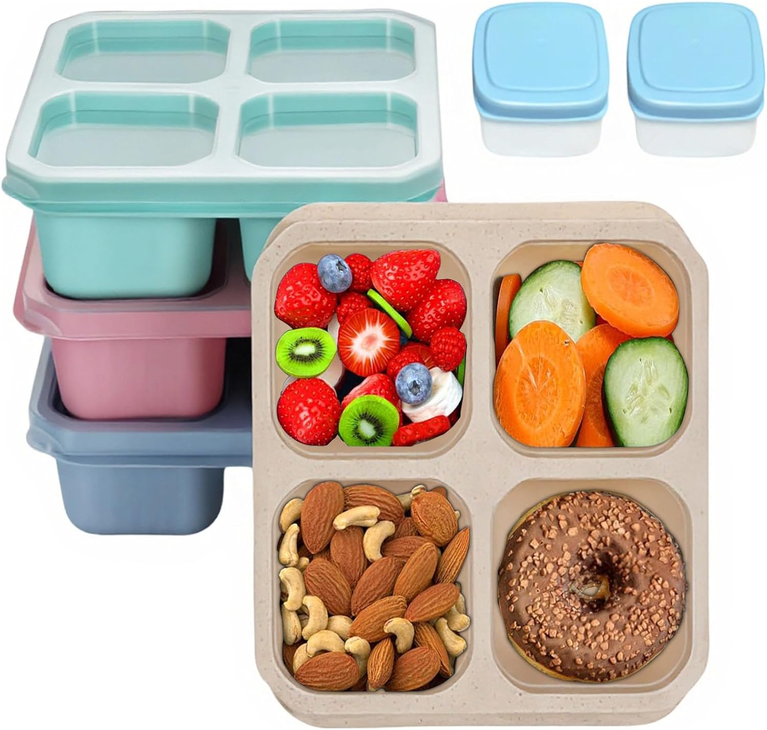 4 Pack - Snackle Box Container, Reusable Food Storage Snack Containers Lunch Box for Women Stackable for Work, and Travel Bento Box Adult with Two Sauce Boxes(Square 4)