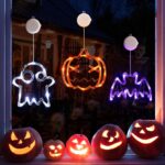 LOLStar Halloween Lights Decorations 2025 3-Pack Orange Pumpkin White Ghost Purple Bat Window Lights with Suction Cups, Battery Operated Halloween LED Lights Window Decor Slow Fade Mode and Timer
