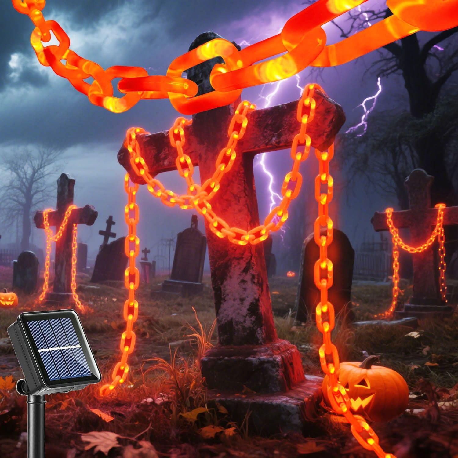 Solar Halloween Decorations Halloween Plastic Chain Lights, 5 Ft Props Chains with 8 Lighting Modes String Lights, for Skeleton Dog, Creepy Costumes Accessories Party, Spooky Outdoor Decorations