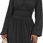 ANRABESS Womens Dress Long Lantern Sleeve Square Neck Elastic Waist Ruffle Flowy Swing A-Line Short Dresses 2025 Fall Fashion