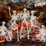 5 Pack Posable Skeleton Halloween Decorations, 16in Halloween Skeleton Decor- Full Body Movable Joints with 22 Spiders & Cobweb, Outdoor/Indoor Scary Party Graveyard Props Hanging Skeletons