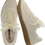 CUSHIONAIRE Belinda Women’s Lace Detail Casual Sneakers – Elegant Ribbon Lace-Up Shoes with Memory Foam