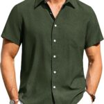 Alimens & Gentle Mens Linen Shirts Short Sleeve Button Down Shirts Wrinkle Free Casual Vacation Beach Summer Tops