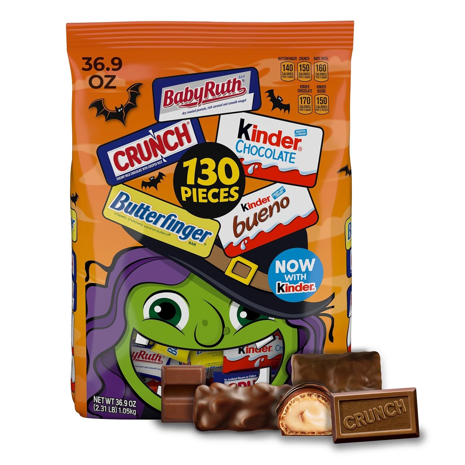 Butterfinger, CRUNCH, Baby Ruth, 100 Grand, Kinder Bueno, Kinder Chocolate, Halloween Candy Fun Size, 130 Minis, 25.9 oz