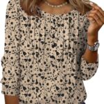 Zeagoo 3/4 Length Sleeve Womens Tops Round Neck Casual Summer Tunic Tops Basic Tees Blouses Dressy T-Shirts Pleated Shirts