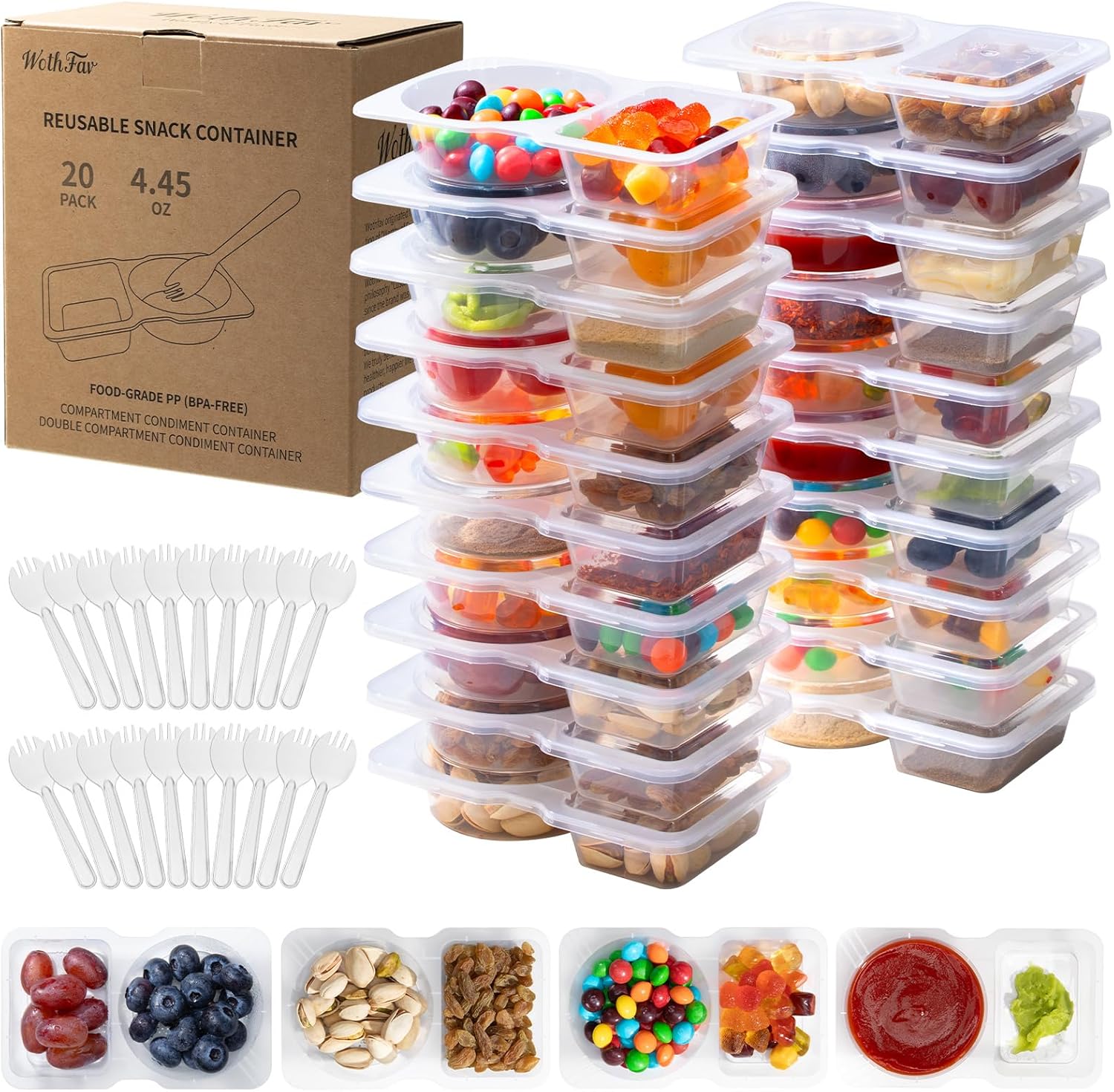 20 Sets Reusable Snack Containers with Lids & 20 Sporks – Double Compartment for Portion Control, BPA-Free Leak-Proof Dipping Containers for Meal Prep, Travel, and Outdoor Snacks (Clear)
