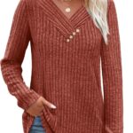 SAMPEEL Sweaters for Women Long Sleeve Shirts V Neck Tops with Buttons Fall Fashion Outfits Winter Clothing 2025