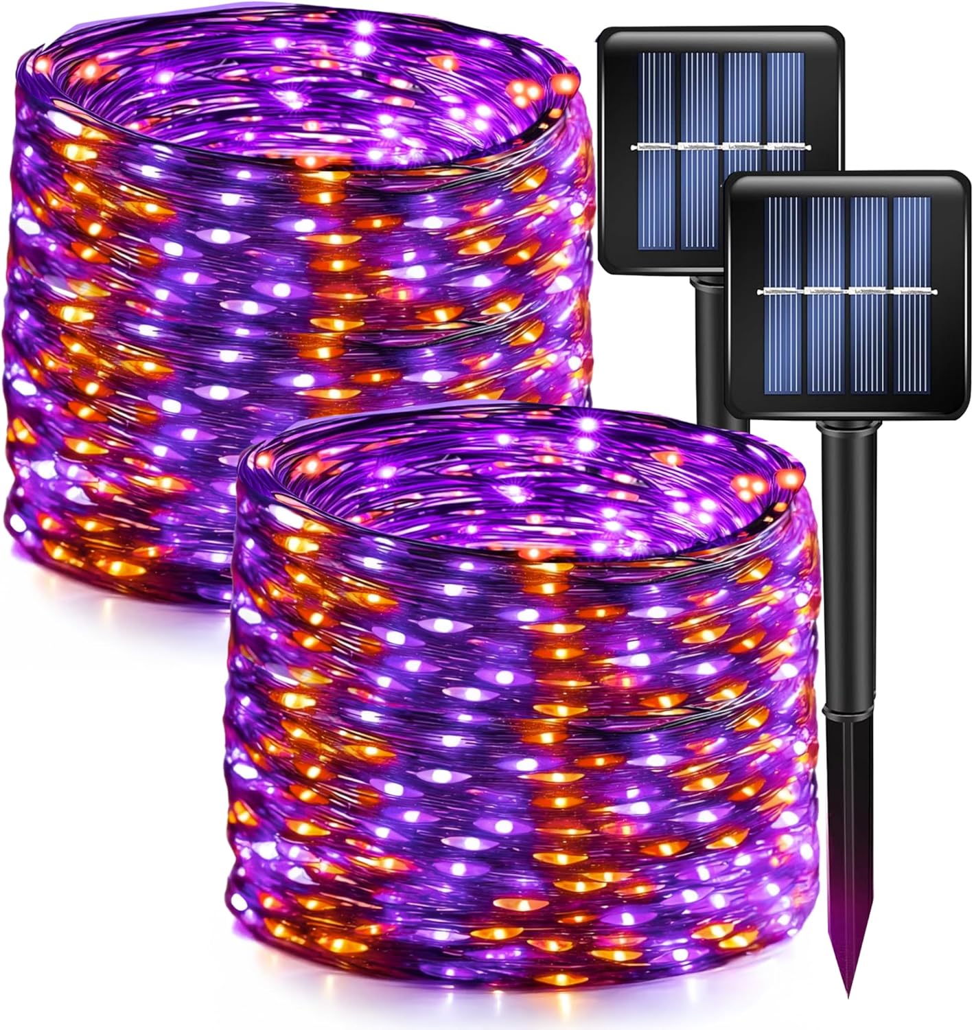 Dazzle Bright 2 Pack Purple and Orange Halloween Fairy String Lights, Total 80FT 240LED Solar Powered Fairy Lights with 8 Modes, Waterproof Copper Black Wire Lights for Outdoor Yard Party Decorations