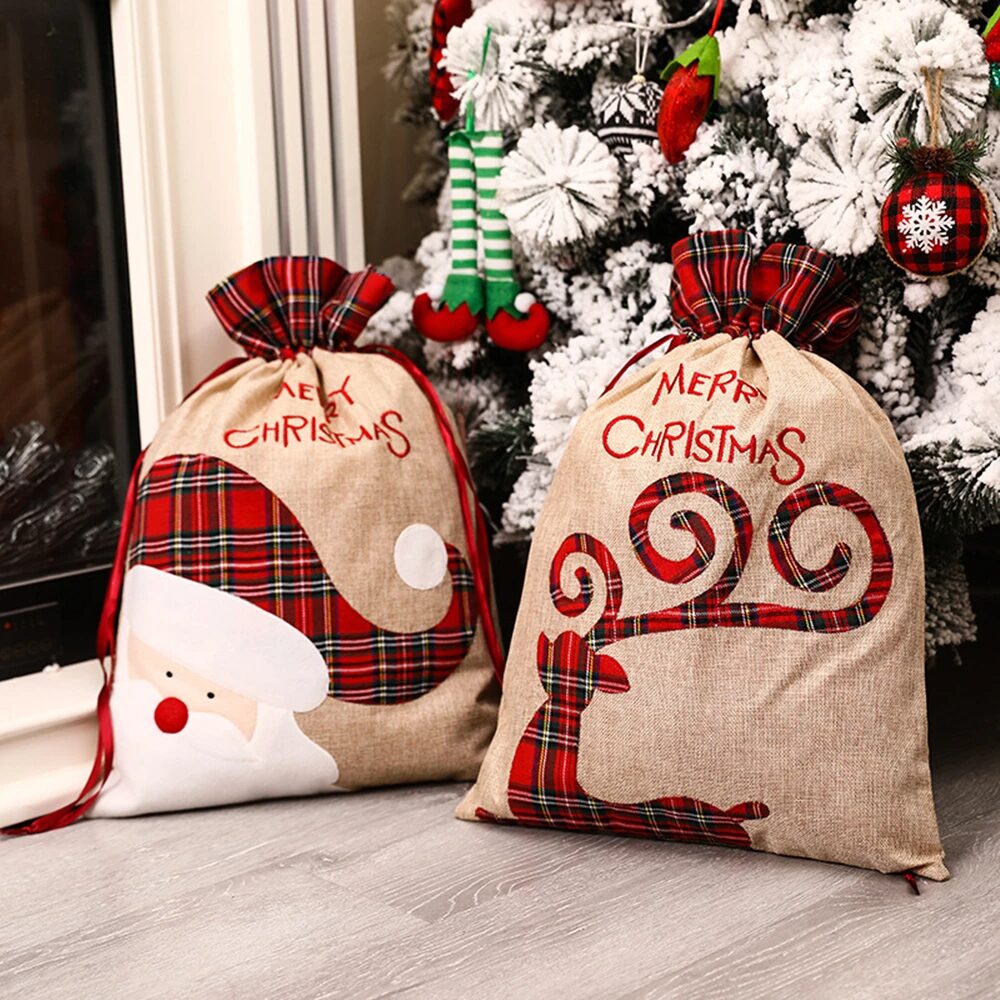 30/1Pcs Christmas Drawstring Bag Santa Claus Snowman Linen Candy Gift Packaging Bags Xmas Favor Bracelet Jewelry Storage Pouch